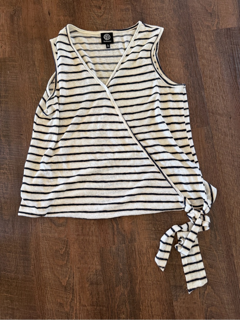 bobeau Black and White and Beige Striped Wrap Tank with Side Tie